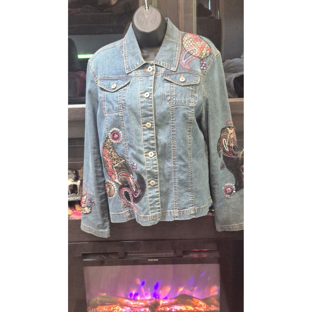 Boho Boutique Western Denim Jacket Embellished Embroidery Rhinestone Blue 14 L - Picture 4 of 12